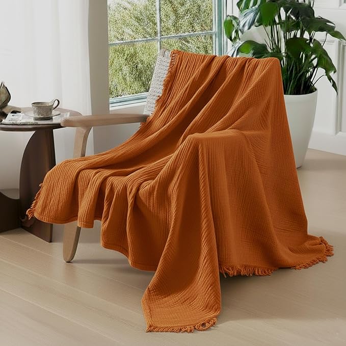 KyraHome 100% Cotton Throw Blankets for Adults, 60"x80" Muslin Blankets for Couch, Picnic, Plant-Dyed, Lightweight Breathable Blanket, All Season, (Terracotta/Burnt Orange)