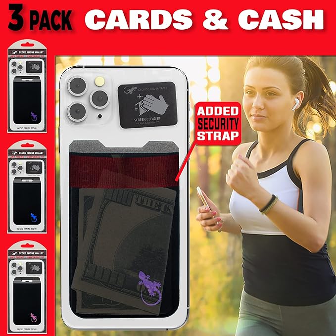 Phone Wallet - Adhesive Card Holder - Cell Phone Pouch - Stick on Lycra Pocket by Gecko - Carry Credit Cards and Cash