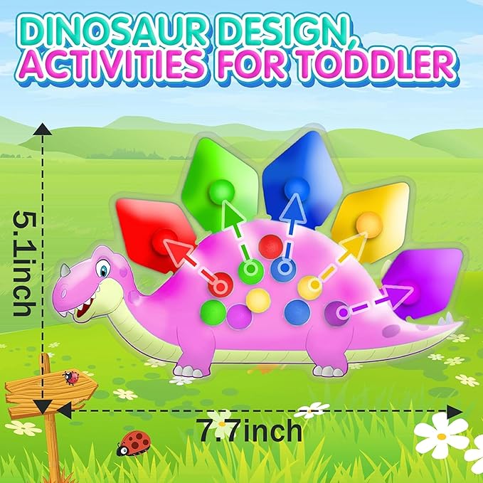 Pink Dinosaur Color Sorting Sensory Toy for Toddler Girls, Montessori Toys Fine Motor Skill Calm Down Fidget for Classroom Activities Aged 2 3 4 Year Old Kid Valentine Easter Basket Stuffers Gifts