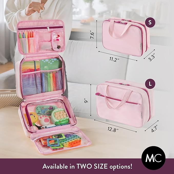 Kids Travel Organizer – Multi-Compartment, Water-Resistant Hanging Bag for Toys, Snacks, & Activities - Compact, Lightweight Design with Hook & Carry Handle - Perfect for Travel Use (Pink, Large)