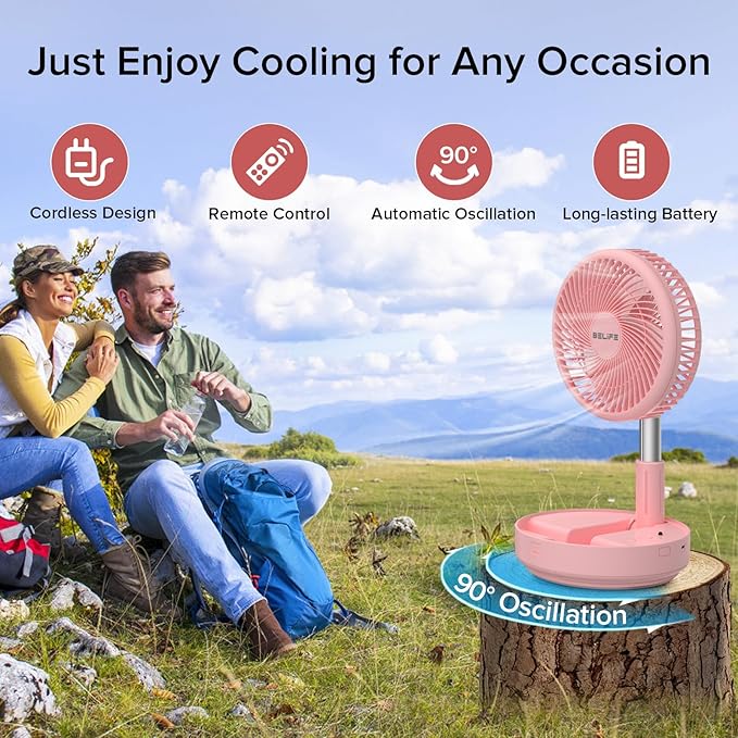 Belife X8 Portable Fan, 7200mAh Battery Powered Rechargeable, Oscillating USB Desk Floor Fan with Remote, Foldable Telescopic Fan for Home Bedroom Sleeping Office Camping Travel, 7.7" (Pink)