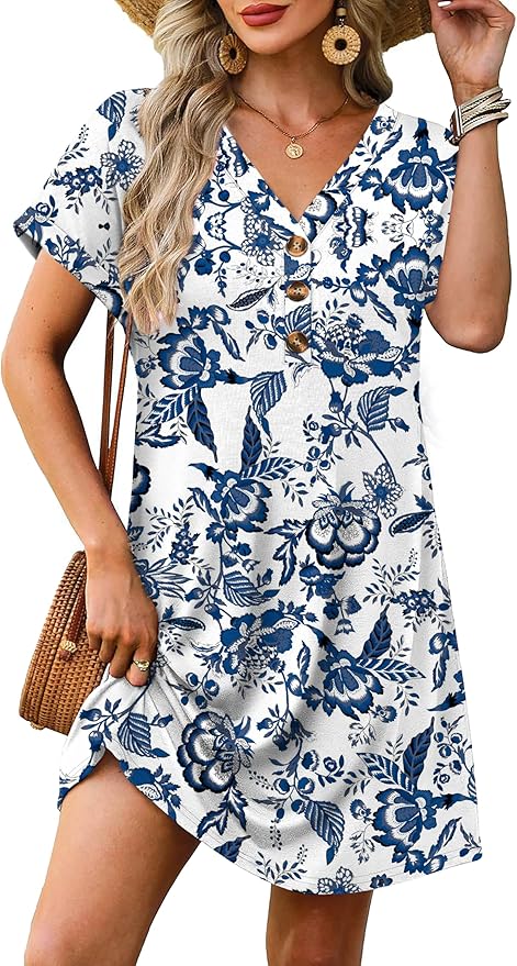 WIHOLL Summer Dresses for Women with Sleeves Midi Dress Button Down Beach Vacation Casual Dresses Fashion Clothing