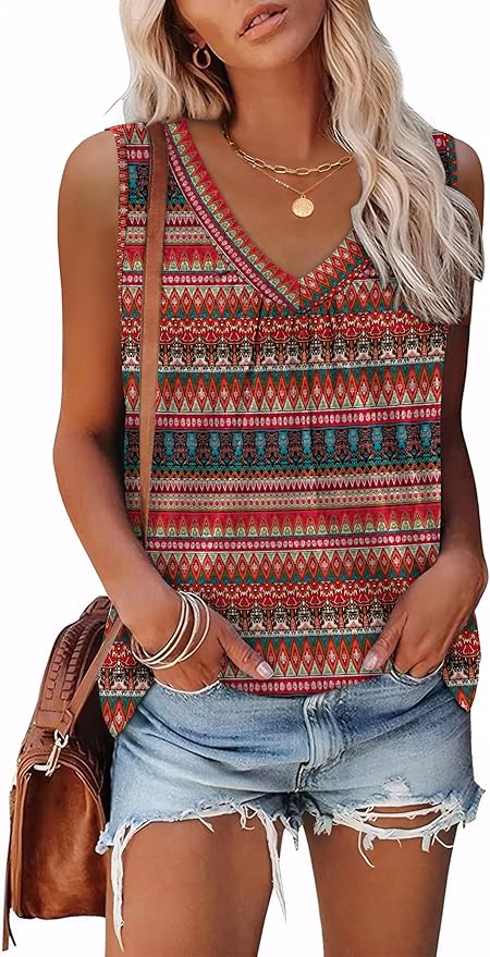 OFEEFAN Tank Top for Women Loose Fit Sleeveless Shirts V Neck Summer Clothes Ruched Women's Tees and Tanks Curved Hem