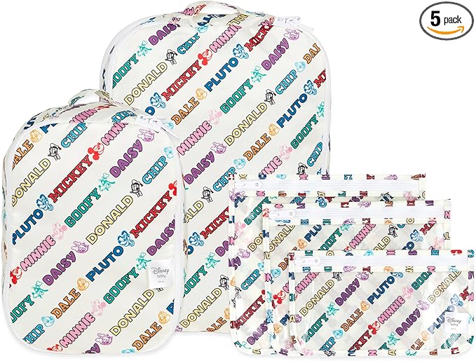 Bumkins Disney Packing Cubes and TSA Approved Pouches for Travel Bag, Organize Luggage with Compression Bags, Essential Traveling Accessories to Pack Clothes, Toiletries, 5-pc Mickey and Friends White