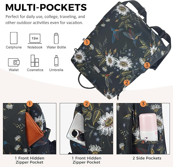 Fmeida Backpack Purse for Women Travel Anti-Theft Backpack Convertible Nylon Daypack with Hidden Back Zipper Opening Hummingbird