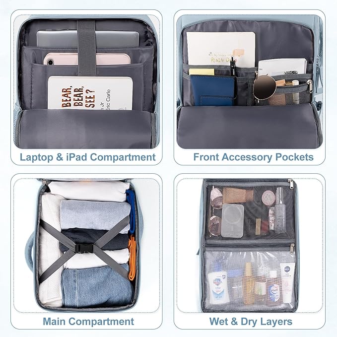 Sinaliy Travel Backpack, Carry on Flight Approved Backpack with Multi-Pockets, TSA Waterproof 17.3inch Laptop Backpack, Personal Item Travel Bag for Men Women, Light Blue