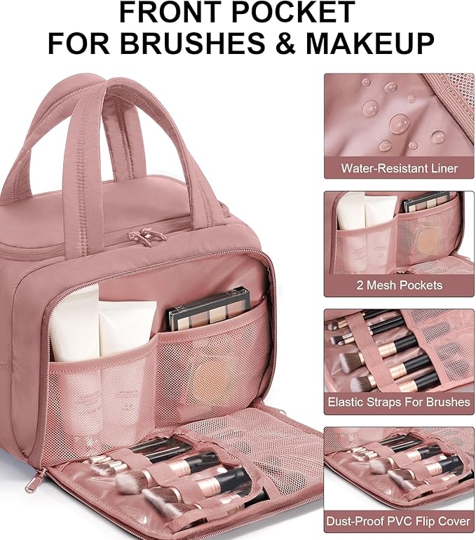 Bagstellar Travel Toiletry Bag for Women, Lightweight Large Quilted Puffy Makeup Bag Wide-open Make up Organizer Cloud Cosmetic Bag w/Handle for Traveling, Toiletries Essentials Accessories Dark Pink