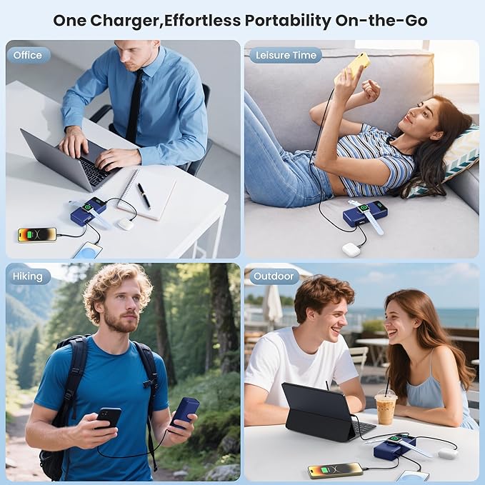 5-in-1 Portable Charger for iPhone,40800mAh Power Bank Built-in Retractable Cable and iWatch Charger,25W PD Fast Charging Battery Pack,Travel Essential Charger for iPhone 17/Air/16,Android,Navy Blue