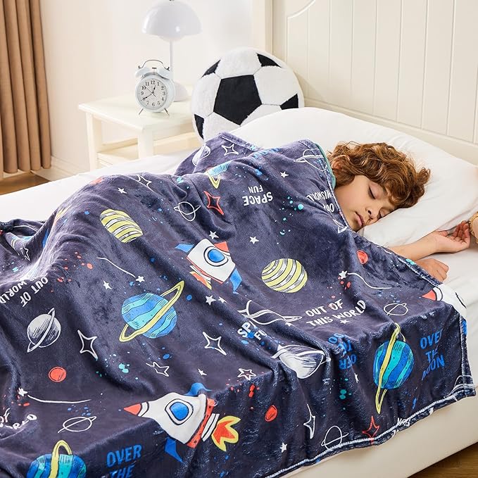 Wajade Toddler Fleece Space Blanket for Boys Kids 3D Rocket Planets Soft Throw Blanket Birthday Christmas Halloween Space Decor for Children 60"x80"