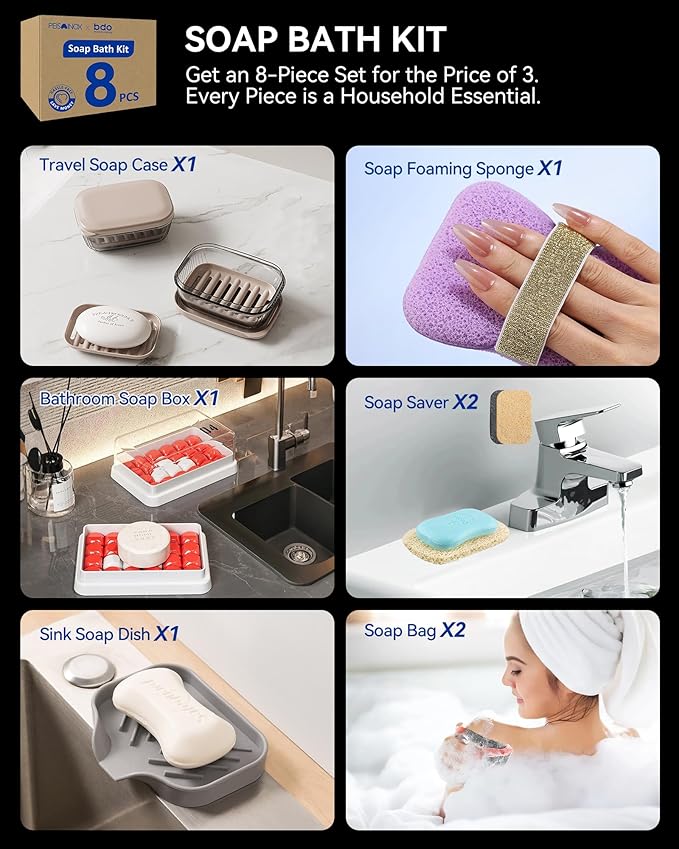 8-Piece Soap Bath Kit with Travel Soap Case Holder Dish Bag Saver, Lathering Pouch for Home, Travel, Camping, Gym, Hotel(Clear)