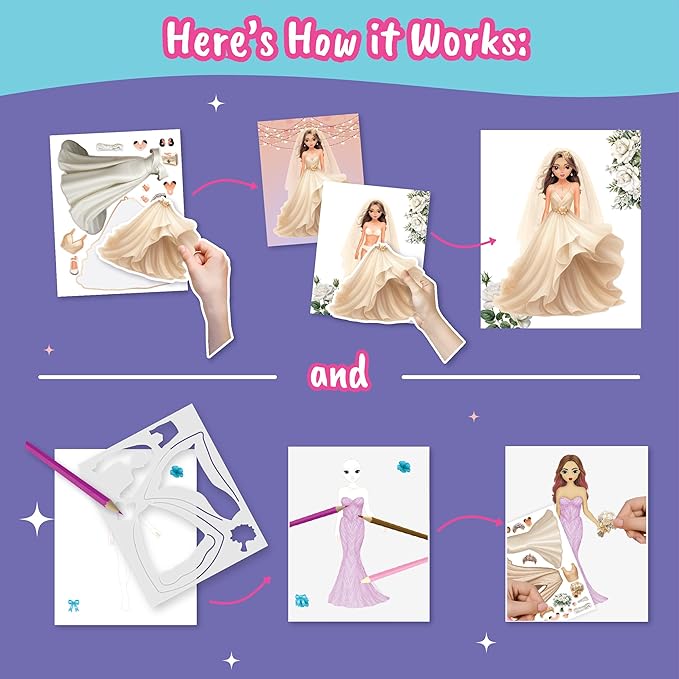 BSCOOL Sticker Dress up Books - Sticker Activity Book for Kids. Learn Girls Fashion Design with Stickers and Guides for Kids 5 and up. Little Designer Creativity Book. (Sticker Dress Up Wedding)