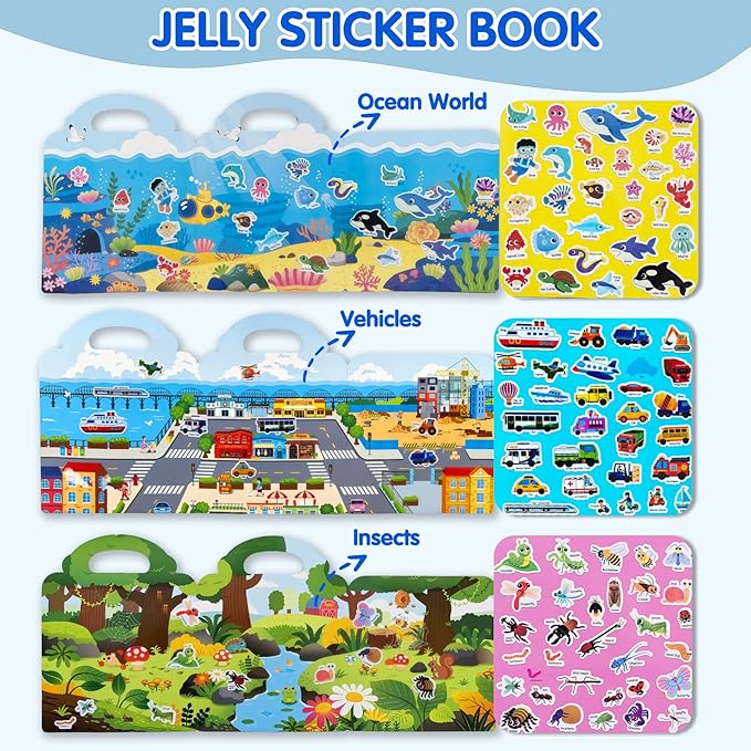 6 Sets Reusable Sticker Book for Kids, Puffy Jelly Stickers for Toddlers, Travel Essentials Craft Activities Toys for Boys Girls Birthday Gifts
