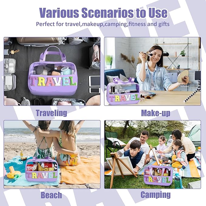 BuyCard Chenille Letter Patch Clear Travel Bags, Preppy PVC&Nylon Makeup Bag with Handle and Zipper, Waterproof Large Clear Travel Toiletry Bag Storage Bag for Women Girls