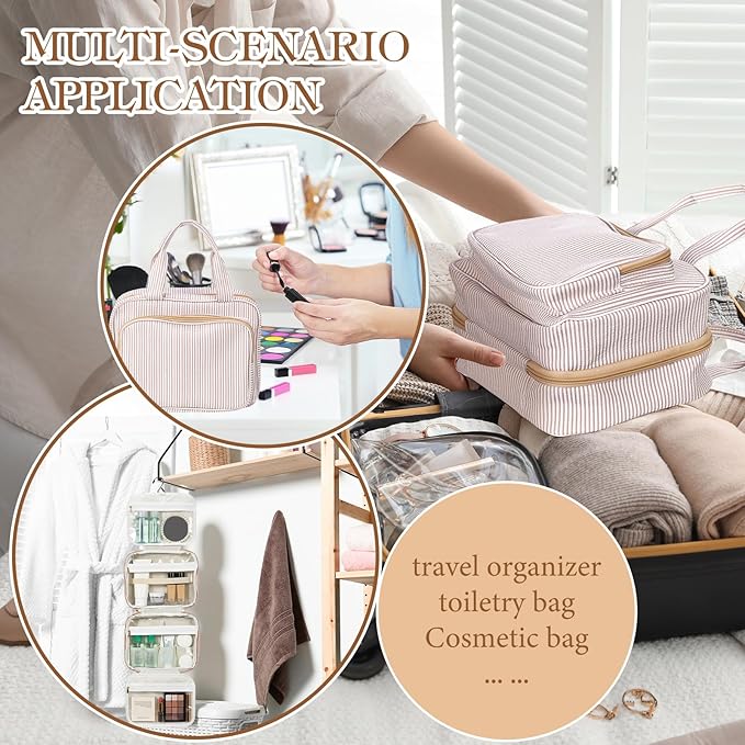 Huhumy Hanging Toiletry Bag for Women with Detachable Pouch, Travel Toiletry Bag, Travel Size Toiletries, Cosmetic Bags, Seersucker Makeup Bags Gifts for Her Mom Girlfriend Wife Teacher(Khaki)