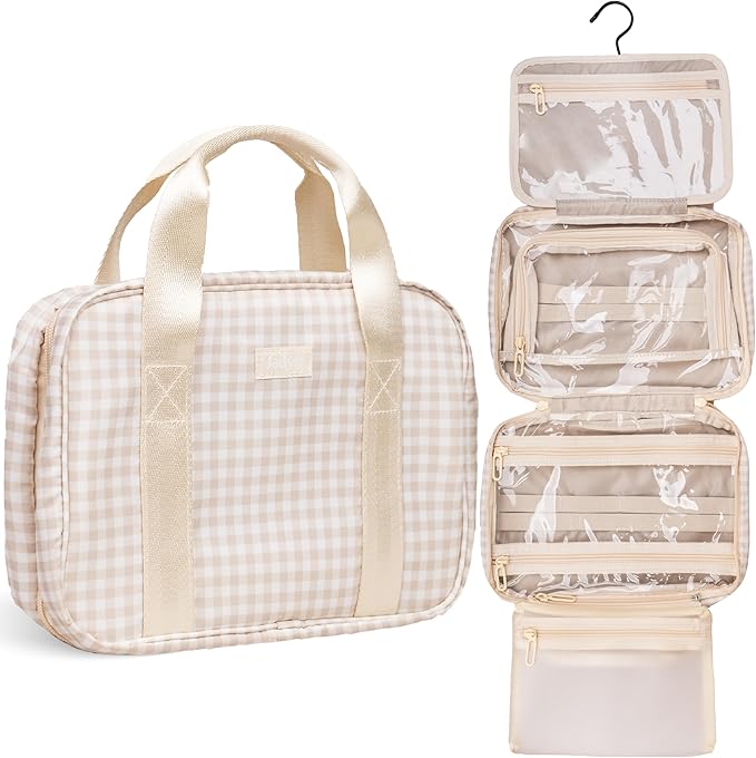 Jadyn Hanging Toiletry Bag, Expandable Toiletry Organizer for Women, Water Resistant Large Travel Cosmetic Bag for Full Size Makeup, Toiletries, Lotion, Shampoo, Accessories (Beige Gingham)
