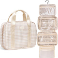 Jadyn Hanging Toiletry Bag, Expandable Toiletry Organizer for Women, Water Resistant Large Travel Cosmetic Bag for Full Size Makeup, Toiletries, Lotion, Shampoo, Accessories (Beige Gingham)