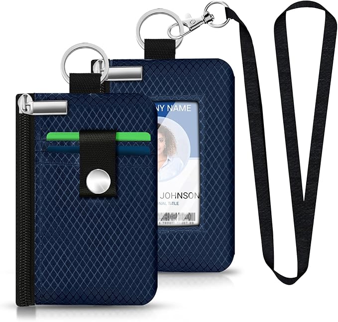 Minimalist RFID Blocking Small Wallet with ID Window,WaterResistant Zip Id Case Wallet with Lanyard Keychain for Cards,Cash,Travel,Women,Men (Dark blue)