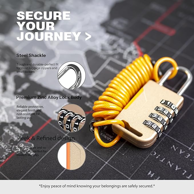Ski Lock, Small Combination Lock with Retractable Cable (36in), Combo Cable Padlocks for Outdoor Use, Snowboard, Travel Luggage, Suitcase, Backpack, Bike, Motorcycle Helmet (Golden)