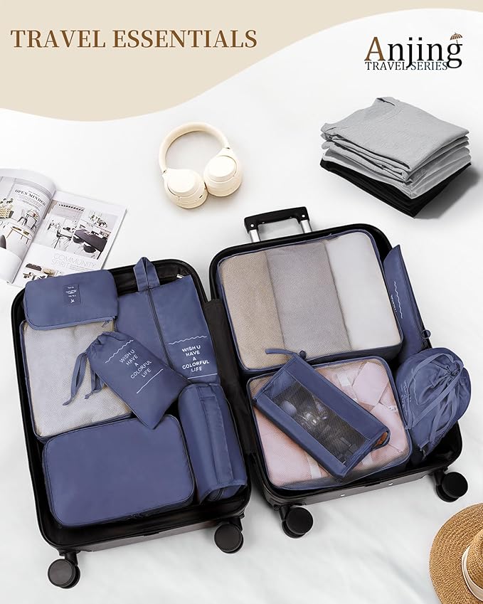Anjing 11 PCS Packing Cubes for Suitcases Carry on, Space-Saving Travel Luggage Packing Organizers for Travel Essentials, Water-Resistant Luggage Suitcase Organizer Bags Set, Navy Blue