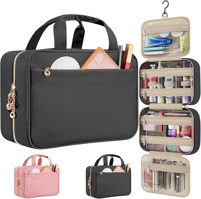 Travel Toiletry Bags, Portable Travel Bag with Hanging Hook for Women, Waterproof and Hanging Makeup Bag Travel Organizer Accessories for Travel Essentials (Black, Large)
