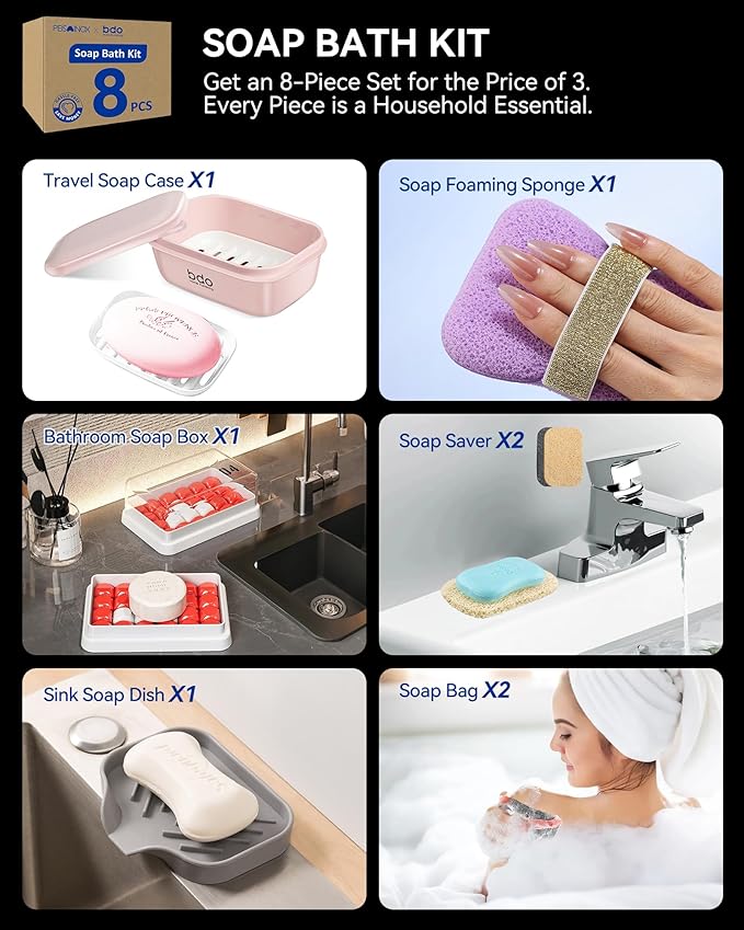 8-Piece Soap Bath Kit with Travel Soap Case Holder Dish Bag Saver, Lathering Pouch for Home, Travel, Camping, Gym, Hotel (Pink)