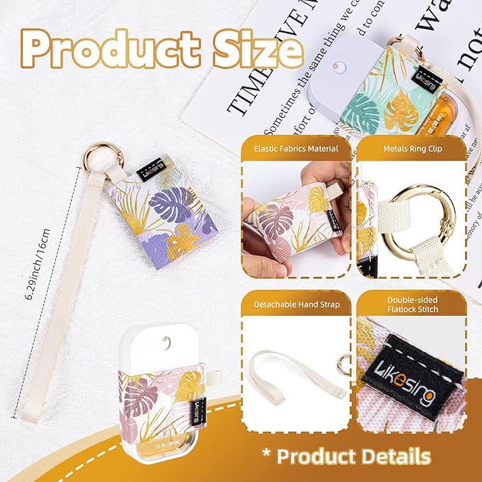 Likesing Hand Sanitizer Spray Sleeve Compatible with T0uch-land, 3 Elastic Travel Hand Sanitizer Holder with Keychain and Wrist Strap for Travel Hand San1tizer for Glow Mist and Power Mist(Leaf)