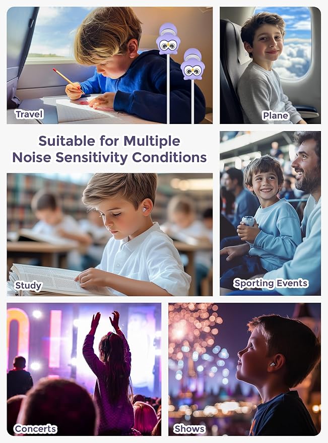Kids Ear Plugs for Ear Protection Kids 5+, Adults & Small Ears, 4 Sizes Silicone Tips with Safety Cord, 26dB Noise Reduction Earplugs for School, Airplane, Travel, Concerts & Noise Sensitivity