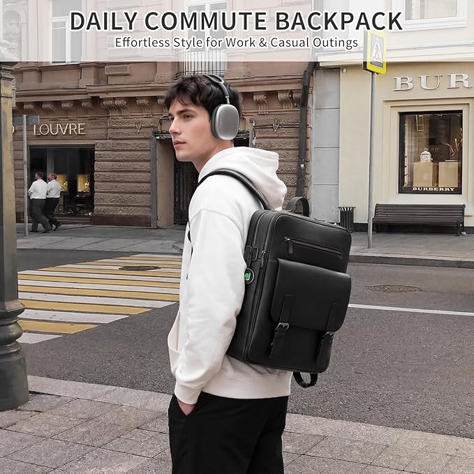 BBMars Smart Anti-Theft Backpack: Biometric Lock, Support Find My (iOS Only), Luxury Black Leather 15.6" Laptop Executive Bag for Men, Business Travel Daypack