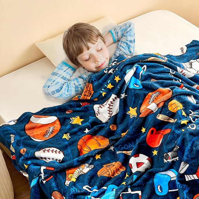 Wajade Sports Blanket for Boys,Soft Fleece 3D Soccer Basketball Baseball Football Kids Blanket for Couch Sofa Bedroom, Fuzzy Ball Throws for Kids Boys Teens,60"x80"