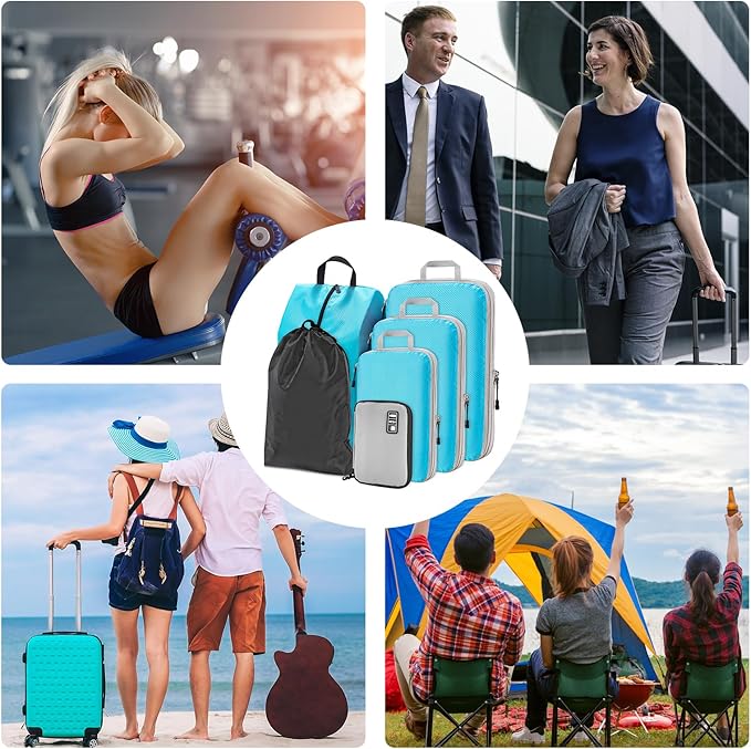 NiHome Compression Packing Cube 6PCS Set Expandable Travel Bag Luggage Organizers Electronic Cable Cord Charger Organizer Drawstring Bag for Trip Home Storage Travel Gear Accessories (Blue/Black/Grey)