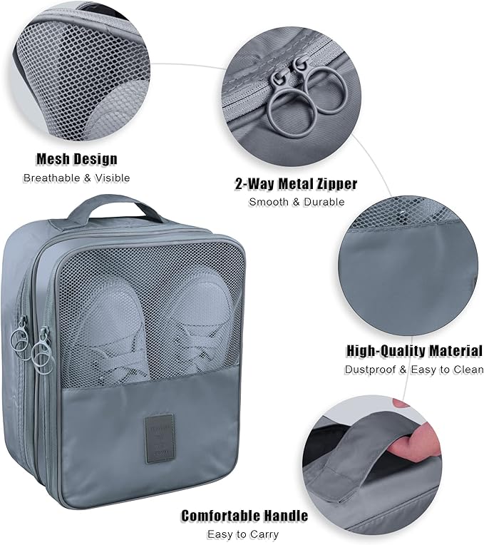 Travel Shoe Bag Waterproof Shoe Organizer Bag Holds 3 Pair of Shoes Shoe Packing Cube for Suitcase Travel and Daily Use Storage Pouch with Handle (Grey)