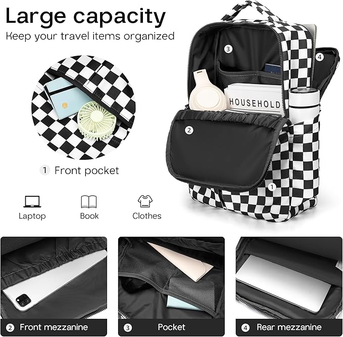 Checkered Backpack for Women Fashion Backpacks with Laptop and Multi Compartment for Travel and Work Black White Check