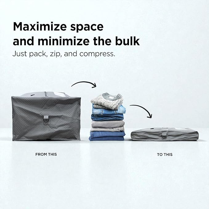 Vacuum Seal Bag for Clothing Travel - TSA Compliant Airless PacPro 48L, Carry-On Compression Packing Cube for Luggage and Backpacks, Pump-free Air Valve (Large, Gray)