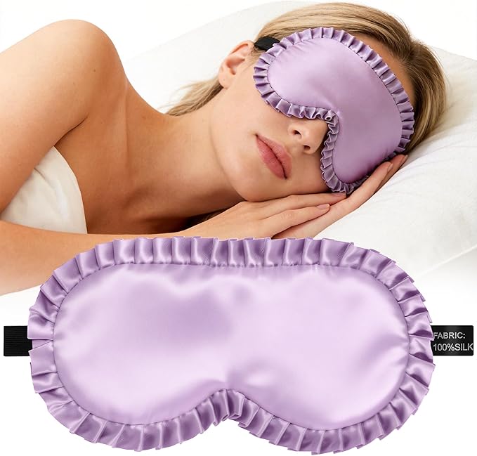 Silk Sleep Mask for Women: 100% Mulberry Silk Eye Mask, Black Back Sleeping Mask for Light Blocking, Soft Wavy Edge Eye Cover and Adjustable Strap, Travel & Sleep Gift (Purple)