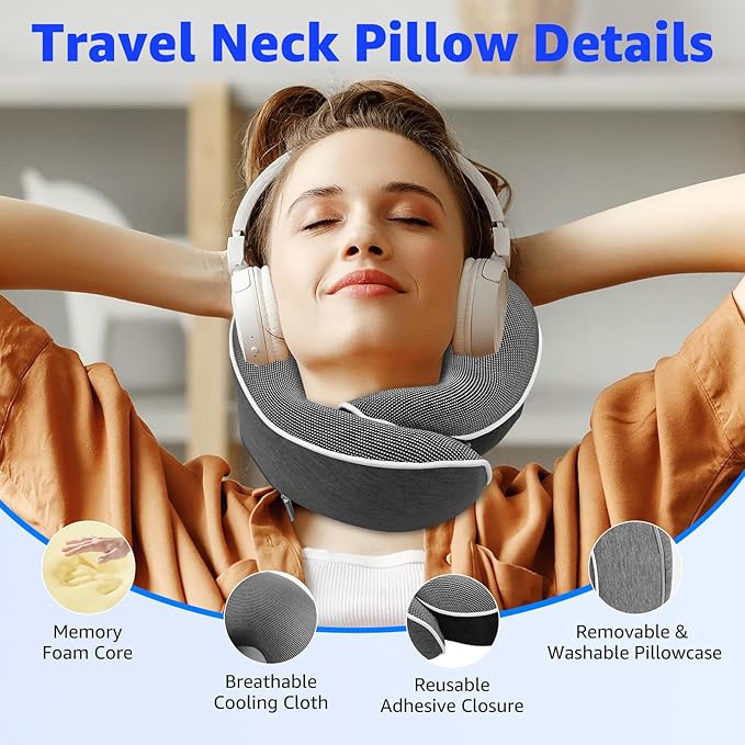 Travel Pillows for Airplanes Ergonomic Memory Foam Neck Pillow for Travel - 360° Head & Neck Support for Sleeping on Flights, Cars, Trains & Office (Dark Gray-2)