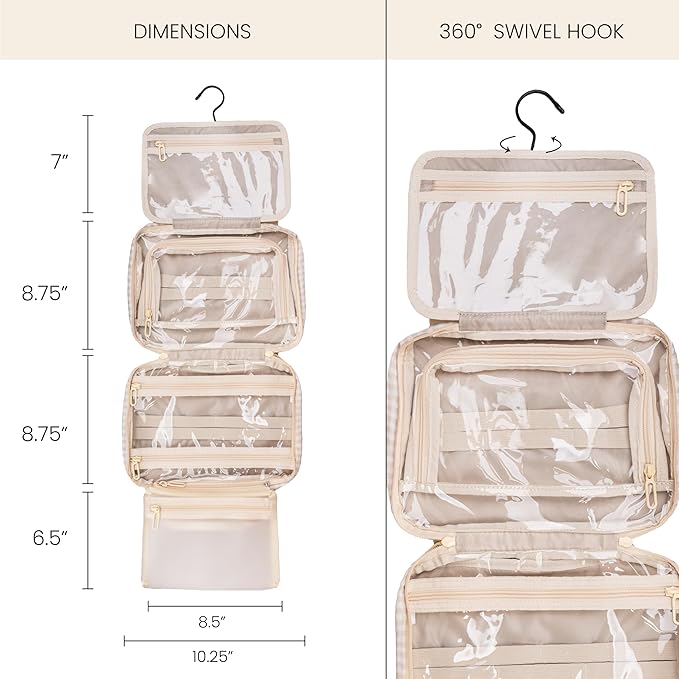 Jadyn Hanging Toiletry Bag, Expandable Toiletry Organizer for Women, Water Resistant Large Travel Cosmetic Bag for Full Size Makeup, Toiletries, Lotion, Shampoo, Accessories (Beige Gingham)