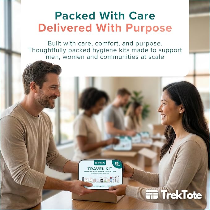TrekTote Bulk 15 Piece Hygiene Kits for Distribution & Travel, TSA Toiletries Kit, Mini Shampoo, Toothbrush, Deodorant, Soap, Razor, Individually Packaged in Case Pack of 25