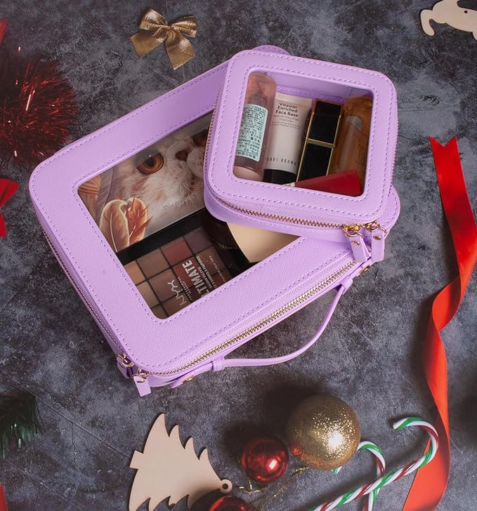 LETGO Clear Makeup Bag Organizer Set,Portable Travel Toiletry Case for Women, Vegan Leather Cosmetic Pouch Car Bag for Essentials(Mini+Large Purple)