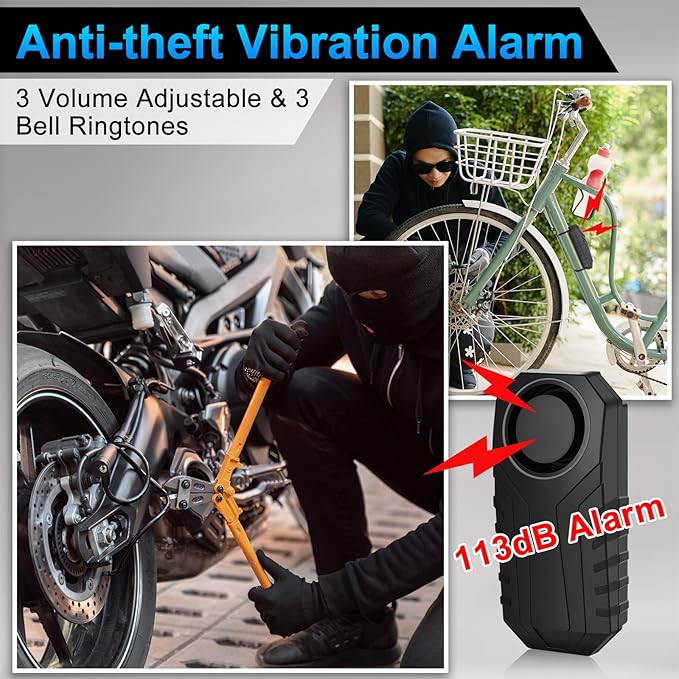 USUPERINK Bike Alarm, Bike Alarms for Ebikes, Anti Theft Wireless Vibration Sensor Alarm for Motorcycle Electric Scooter Moped Trailer Car Mailbox Garage Door 113dB Super Loud IP65 Waterproof