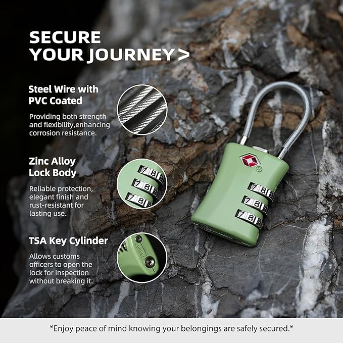 Luggage Locks TSA Approved, Airplane Travel Essentials, TSA Locks for Luggage, Suitcase, Anti Theft Small Padlock Combination, Mini Cable Padlock for Backpack, Bag Zipper, Case, Tool Box