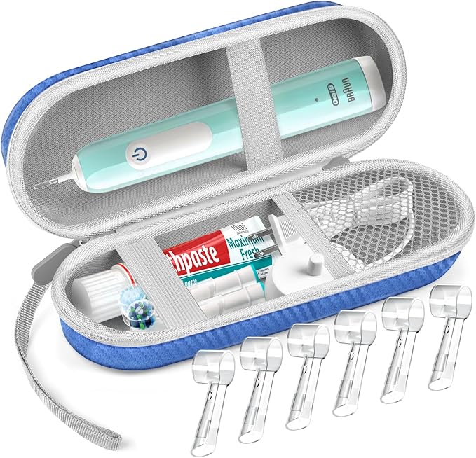 Sopito Electric Toothbrush Travel Case, Hard Storage Case with 6pcs Cover Caps, Fits for Oral-B/Oral-B Pro/Philips Sonicare Electric Toothbrush, Blue