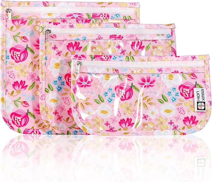 HIONXMGA TSA Approved Toiletry Bag, Set of 3 Clear Travel Toiletry Bag Quart Size Zipper Travel Pouch, Waterproof Makeup Cosmetic Bag for Women Men Kids Toiletries Carry on, Flowers