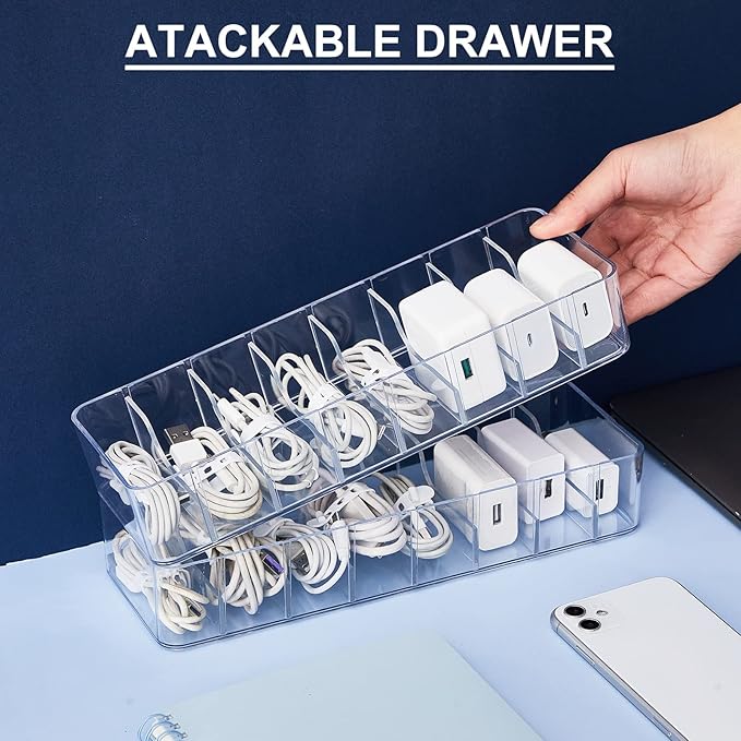 Tatuo 1 Pcs Cable Organizer with 10 Wire Ties, Plastic Cord Storage Charger Box Electronics Organizer with Adjustment Compartments Cable Storage for Drawer Home Office Desk Accessories (Clear)