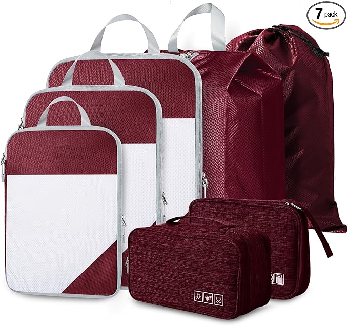Compression Packing Cubes, 7 Set Packing Cubes for Travel Compression, Lightweight Compressible Package Organizer for Carry On and Suitcases, Wine