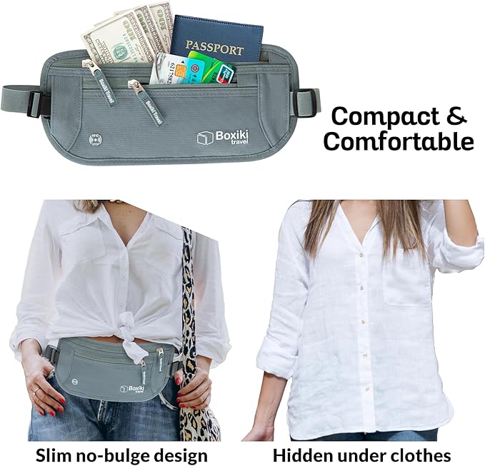 Boxiki Travel, Gray Money Belt + RFID Sleeves Set of 8 Pcs | RFID Blocking Secure Waist Bag, Credit Card Holders & Passport Holders for Men and Women | Keep Your Travel Essentials in Reach