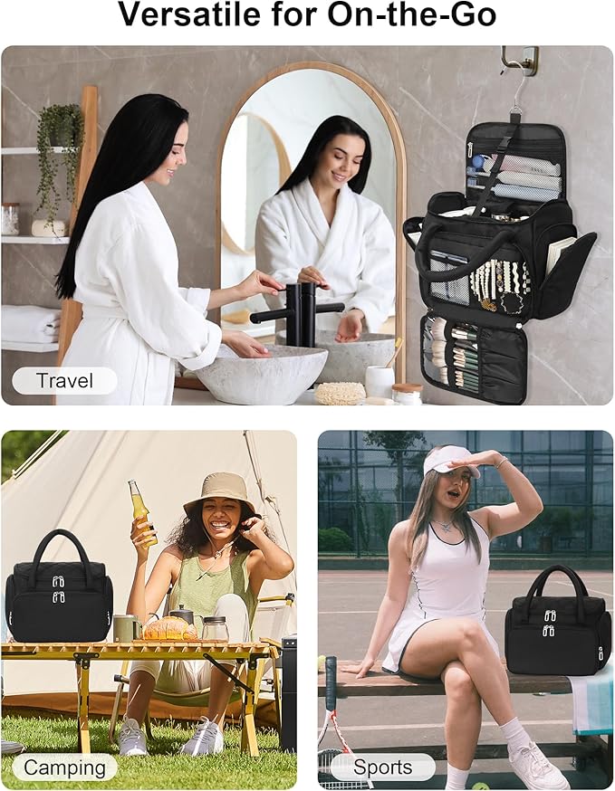 Hanging Toiletry Bag for Women - Travel Makeup Organizer with Brush Compartment, Portable Cosmetic Case with Removable Dividers for Full-Size Container, Lightweight Travel Bag for Trip - Black