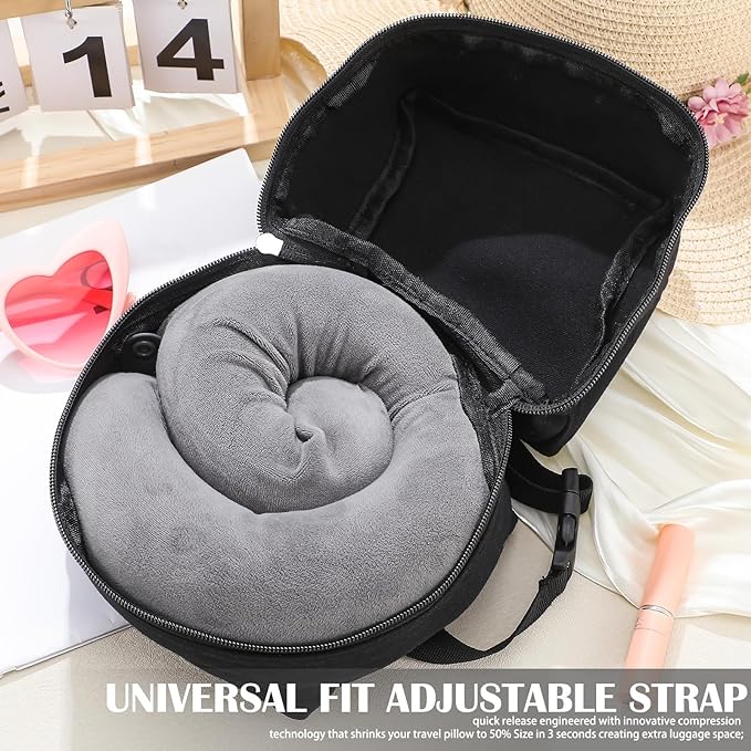 Shinylin 1 Pcs Travel Neck Pillow Bag 5.51 x 5.51 x 6.69 Inches Black Canvas Carrying Case with Handle & Quick Clasp Attaches to Luggage Backpacks for Airplane Train Journey