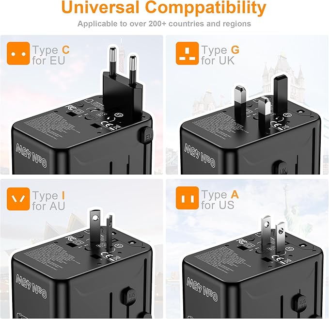 VYLEE Universal Travel Adapter, PD45W GaN International Power Adapter with 3 USB C and 1 USB A Charging Ports, All in One Power Outlet, Worldwide Plug Adapter for US to European UK AUS Ireland