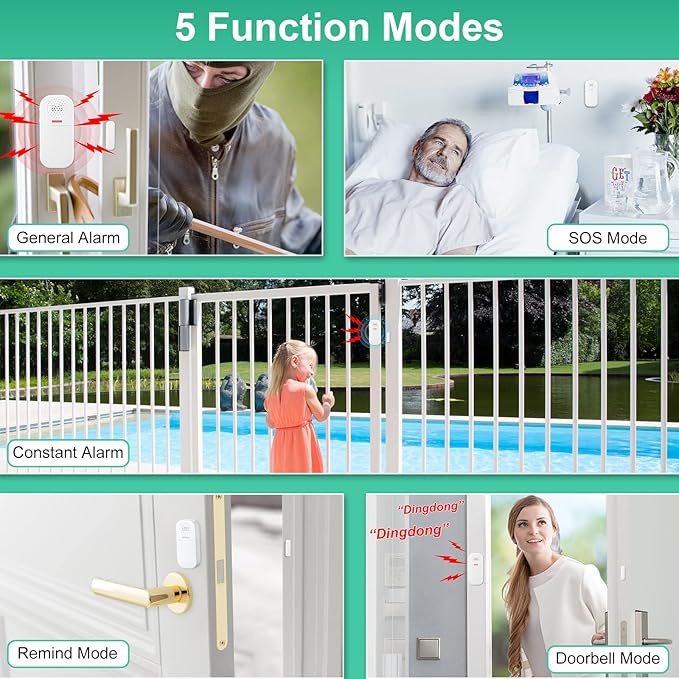 WSDCAM 130dB Loud Door Alarm Adjustable Volume, 5 Feature Modes Door Alarms for Kids Safety Home Security Pool Safety Alzheimers Door Window Open Sensor Wireless Door Alarm with Remote