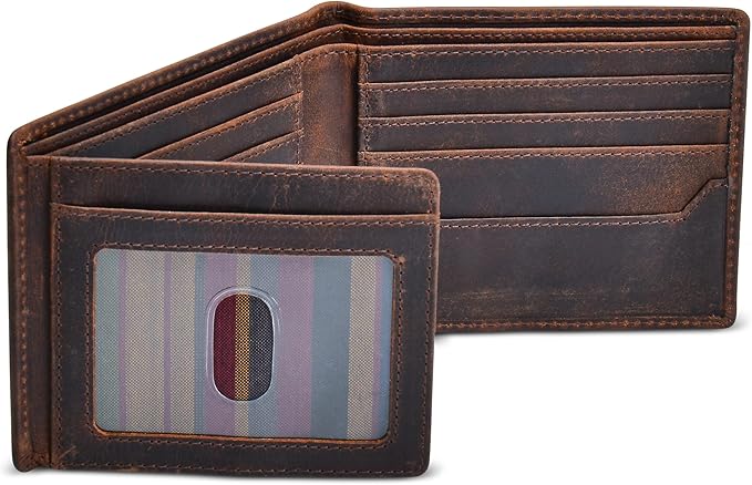 Men's Leather Wallet with RFID Blocking 2 ID Windows in Full Grain Crazy Horse Leather